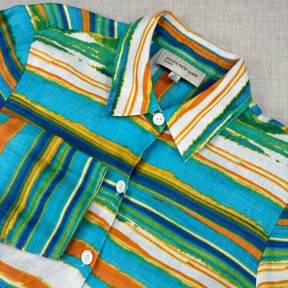 Jones New York Sport Button Down Womens M Multi Color Linen Striped Shirt